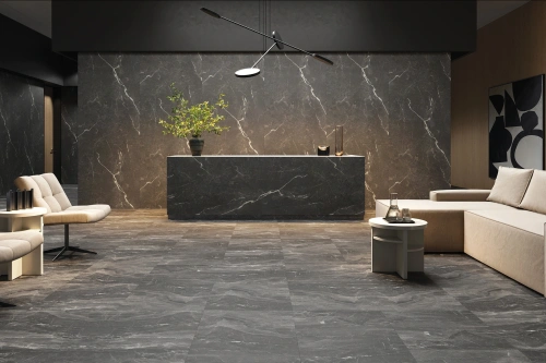 Donkere SPC wandpanelen met marmerlook toegepast in een luxe ontvangstruimte