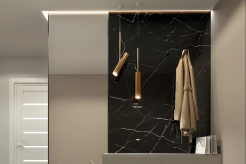 Zwarte SPC wandpanelen met marmerlook toegepast als accentwand in een modern interieur